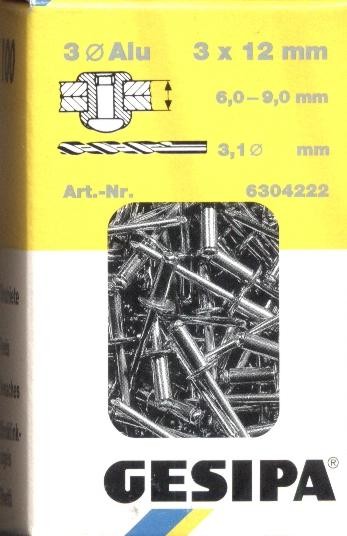 100 GESIPA aluminio remaches ciegos 3x12mm