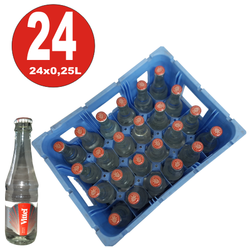 24 x Vittel Gourmet botella de vidrio de 0,25 l de agua mineral en su caja original MULTIWAY