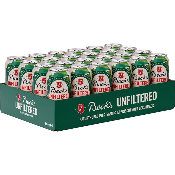 24 latas de 0,44L L de Becks Pilsner sin filtrar 4.9% Vol depósito de ida Reduced MHD: 12/31/2023